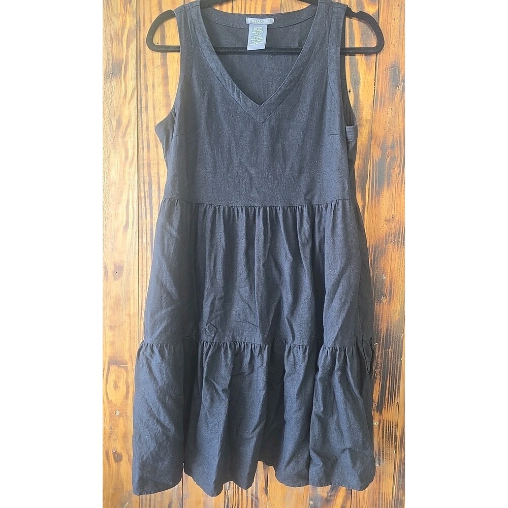 Black Linen Blend Dress Small Sleeveless V Neck Tiered Pockets Matty M Boho